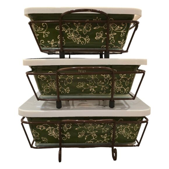 From The Oven To Table Temp-tations 3 Piece Floral Lace Bakeware Avocado Green - Picture 1 of 6